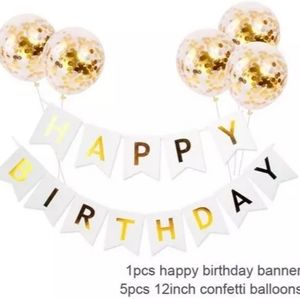 White Happy Birthday banner with confetti balloons